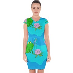 Frog Flower Lilypad Lily Pad Water Capsleeve Drawstring Dress 