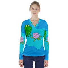 Frog Flower Lilypad Lily Pad Water V-neck Long Sleeve Top