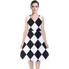 Grid Domino Bank And Black V-Neck Midi Sleeveless Dress 