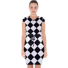 Grid Domino Bank And Black Capsleeve Drawstring Dress 