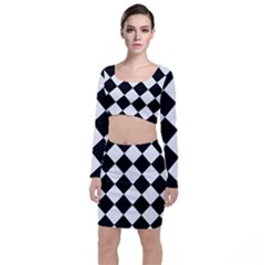 Grid Domino Bank And Black Long Sleeve Crop Top & Bodycon Skirt Set