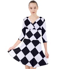 Grid Domino Bank And Black Quarter Sleeve Front Wrap Dress	