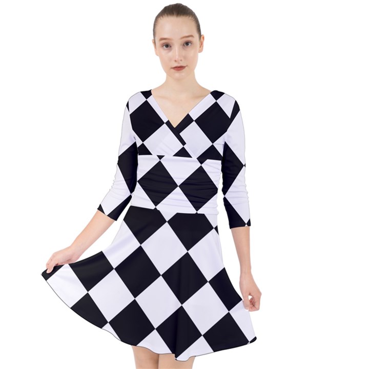 Grid Domino Bank And Black Quarter Sleeve Front Wrap Dress	