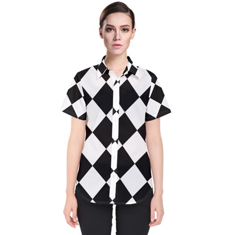 Grid Domino Bank And Black Women s Short Sleeve Shirt by BangZart