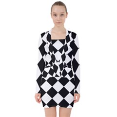 Grid Domino Bank And Black V-neck Bodycon Long Sleeve Dress