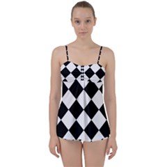 Grid Domino Bank And Black Babydoll Tankini Set