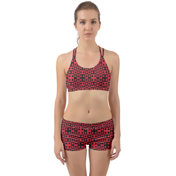 Abstract Background Red Black Back Web Sports Bra Set