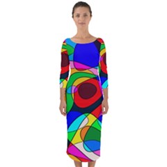 Digital Multicolor Colorful Curves Quarter Sleeve Midi Bodycon Dress