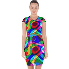 Digital Multicolor Colorful Curves Capsleeve Drawstring Dress 