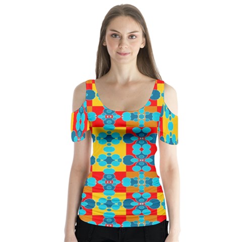 Pop Art Abstract Design Pattern Butterfly Sleeve Cutout Tee  by BangZart