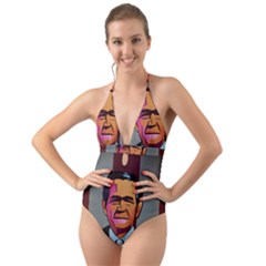 George W Bush Pop Art President Usa Halter Cut-out One Piece Swimsuit