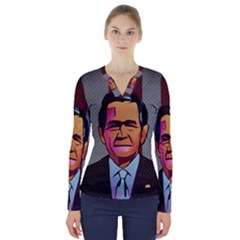 George W Bush Pop Art President Usa V-neck Long Sleeve Top by BangZart