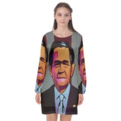 George W Bush Pop Art President Usa Long Sleeve Chiffon Shift Dress  by BangZart