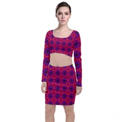 Retro Abstract Boho Unique Long Sleeve Crop Top & Bodycon Skirt Set