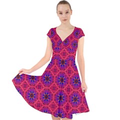 Retro Abstract Boho Unique Cap Sleeve Front Wrap Midi Dress