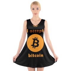 I Accept Bitcoin V-neck Sleeveless Skater Dress by Valentinaart