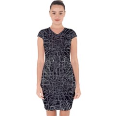 Black Abstract Structure Pattern Capsleeve Drawstring Dress 