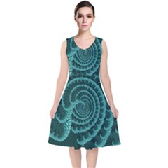 Fractals Form Pattern Abstract V-neck Midi Sleeveless Dress 