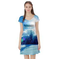 Ski Holidays Landscape Blue Short Sleeve Skater Dress by BangZart