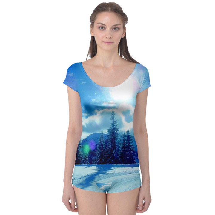 Ski Holidays Landscape Blue Boyleg Leotard 