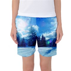 Ski Holidays Landscape Blue Women s Basketball Shorts by BangZart