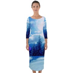 Ski Holidays Landscape Blue Quarter Sleeve Midi Bodycon Dress