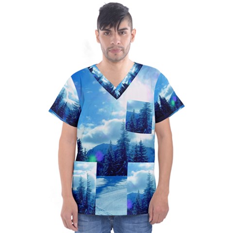 Ski Holidays Landscape Blue Men s V-neck Scrub Top by BangZart