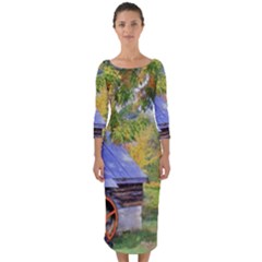 Landscape Blue Shed Scenery Wood Quarter Sleeve Midi Bodycon Dress