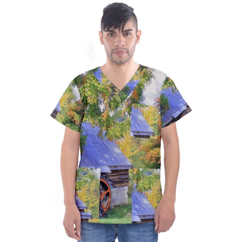 Landscape Blue Shed Scenery Wood Men s V-neck Scrub Top by BangZart