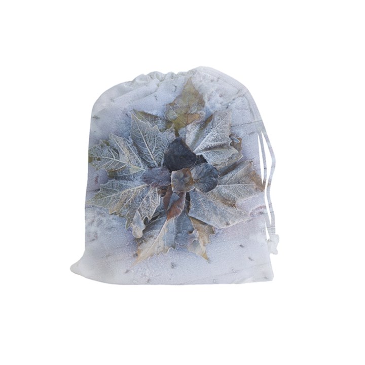 Winter Frost Ice Sheet Leaves Drawstring Pouches (Large) 