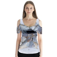 Winter Frost Ice Sheet Leaves Butterfly Sleeve Cutout Tee 