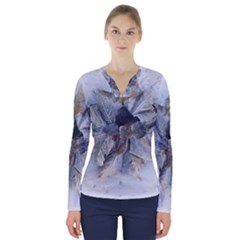 Winter Frost Ice Sheet Leaves V-neck Long Sleeve Top