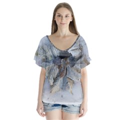 Winter Frost Ice Sheet Leaves V-neck Flutter Sleeve Top