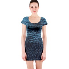 Blue Black Shiny Fabric Pattern Short Sleeve Bodycon Dress