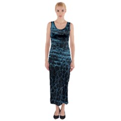 Blue Black Shiny Fabric Pattern Fitted Maxi Dress