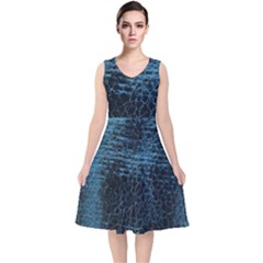 Blue Black Shiny Fabric Pattern V-neck Midi Sleeveless Dress 