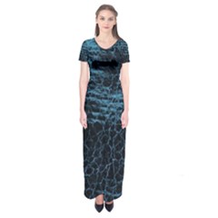 Blue Black Shiny Fabric Pattern Short Sleeve Maxi Dress