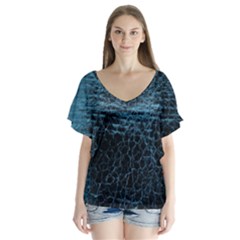 Blue Black Shiny Fabric Pattern V-neck Flutter Sleeve Top