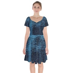 Blue Black Shiny Fabric Pattern Short Sleeve Bardot Dress