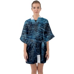 Blue Black Shiny Fabric Pattern Quarter Sleeve Kimono Robe