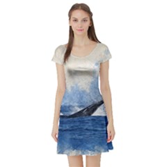 Whale Watercolor Sea Short Sleeve Skater Dress