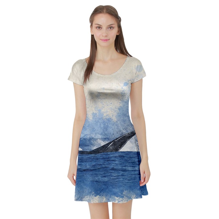 Whale Watercolor Sea Short Sleeve Skater Dress