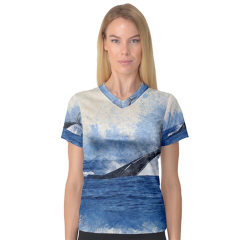 Whale Watercolor Sea V-neck Sport Mesh Tee by BangZart