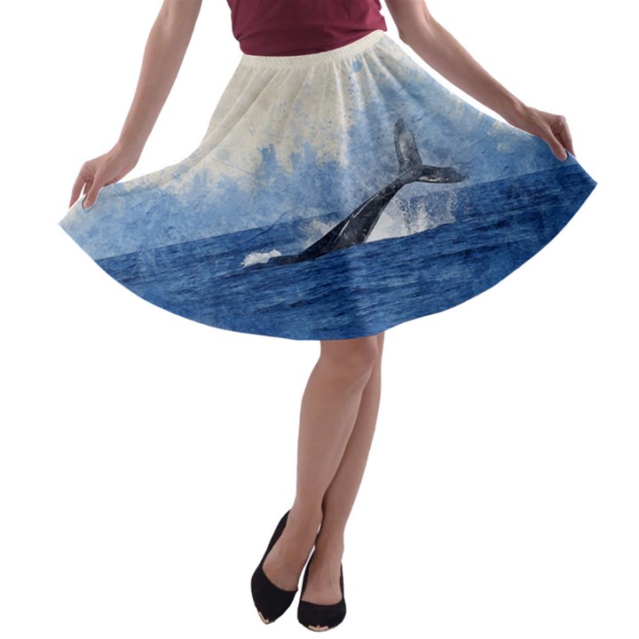 Whale Watercolor Sea A-line Skater Skirt