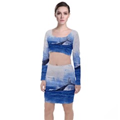 Whale Watercolor Sea Long Sleeve Crop Top & Bodycon Skirt Set by BangZart