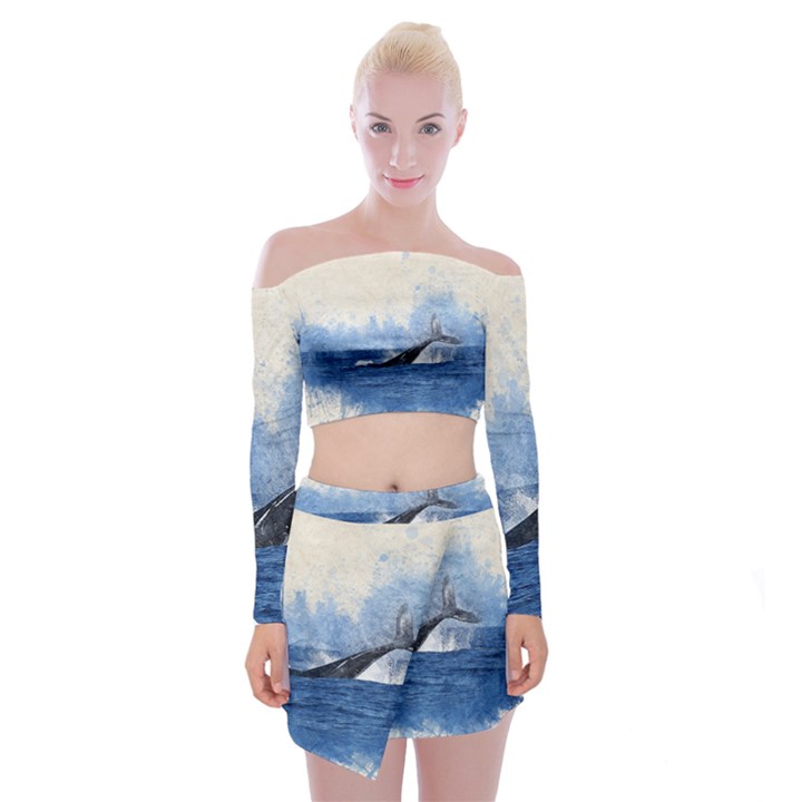 Whale Watercolor Sea Off Shoulder Top with Mini Skirt Set