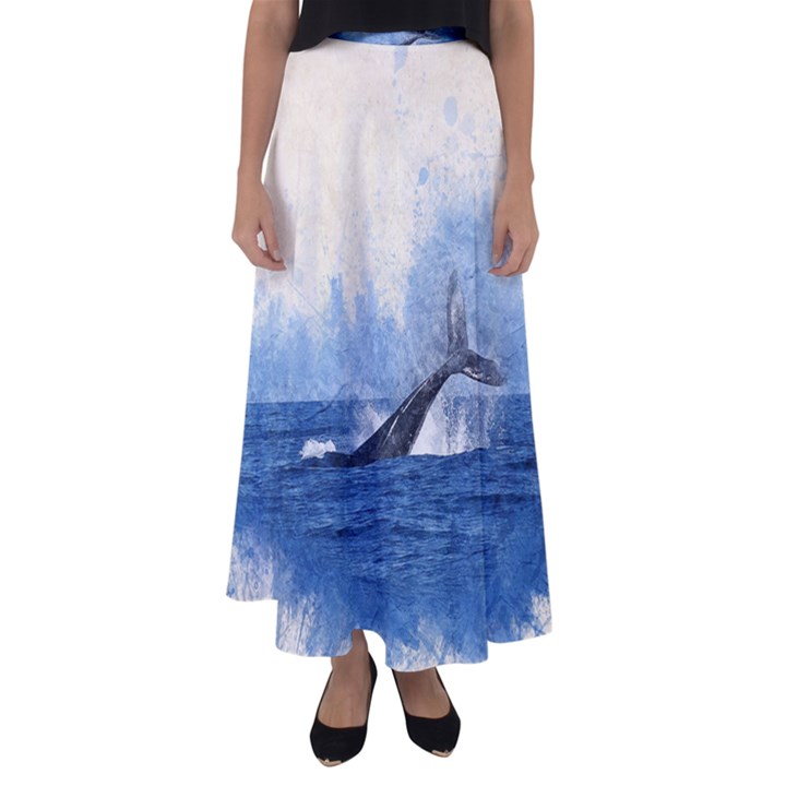 Whale Watercolor Sea Flared Maxi Skirt