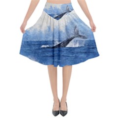 Whale Watercolor Sea Flared Midi Skirt by BangZart