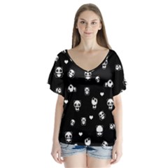 Panda Pattern V-neck Flutter Sleeve Top by Valentinaart