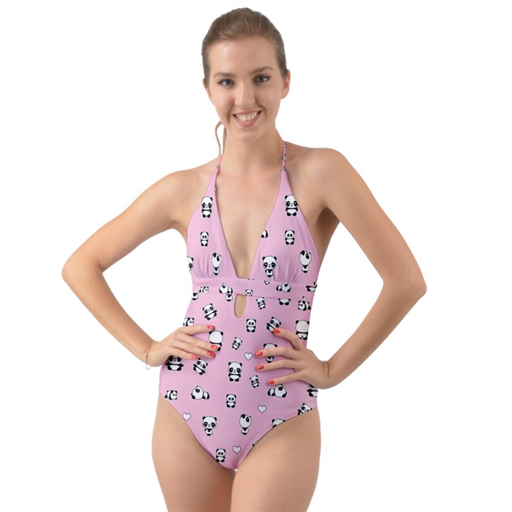 Panda pattern Halter Cut-Out One Piece Swimsuit